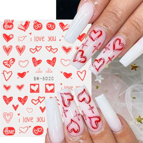 IC 5D Valentine Red Nail Art Sticker Love Heart Holografiska Laser Nageldekaler Kyss Romantisk linje Blommor Bokstavsreglage Präglad nagel 2 ark
