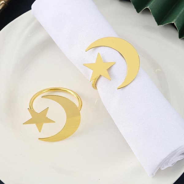 Servettringar i guld, 6-pack, Ramadan-design med måne och stjärna, robust bordsdekoration i metall för bröllopsmiddagar och Eid-banketter