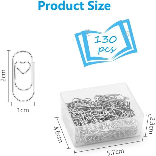 Små papirklips, 130 stk metall hjerteformede papirklips, papirklips bokmerkeklips liten bokmerke for skolekontor dokumentorganisasjon (sølv) SILVER