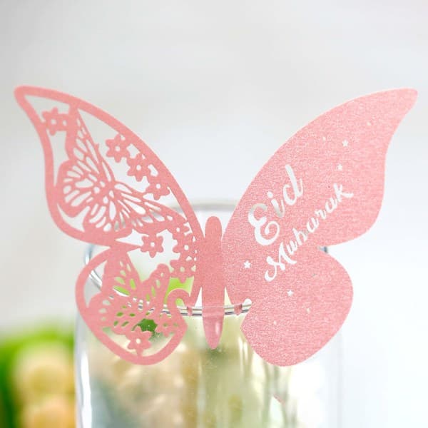 100 stk 3D Butterfly Nummer Navn Papir Bordskort Vinglass Cup Kort Eid Mubarak Ramadan Dekorasjon Reflekterende Gull
