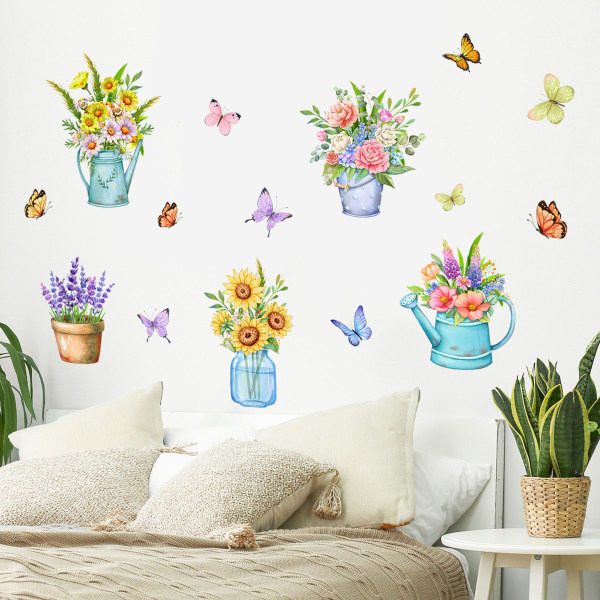 IC-väggklistermärken, växter, blommor, fjärilar i krukväxter, vägg