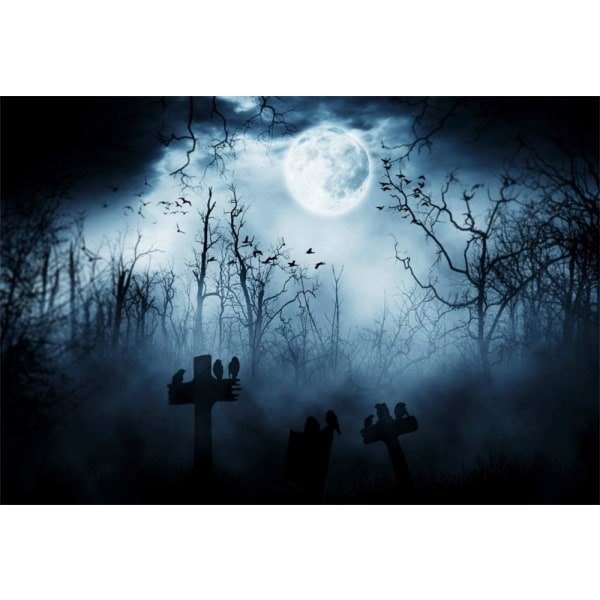 IC 7x5 fod Mån Natt Halloween Kirkegård Baggrund Flyvende Flagermus Fugle Stående på Gravstedskorset Kirkegård Mennesker Ingen Mennesker Sted