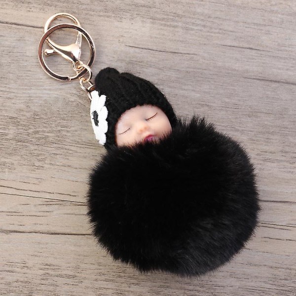 Søvnbaby-Dukke Nøkkelring Pom Pom Fluffy Nøkkelring Hengesmykke Gave (Svart) IC