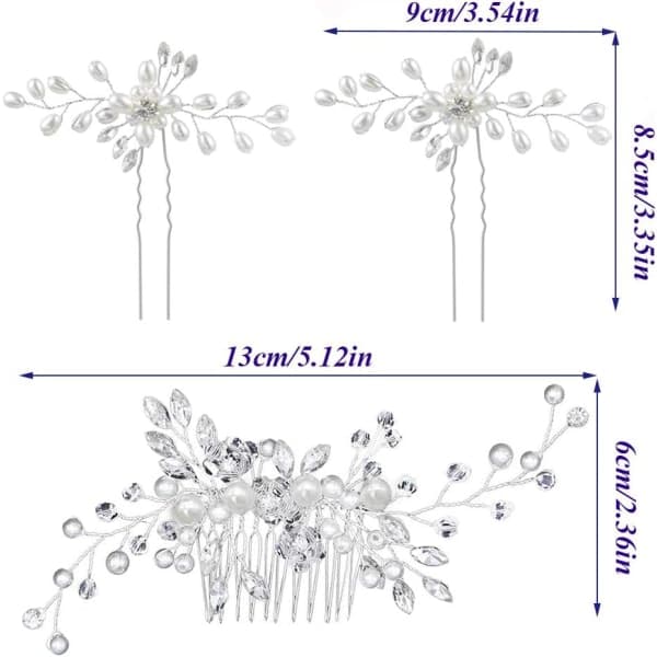 Brudehårstilbehør Sæt Perle Krystal Rhinestone Hårkam Og 2 Hårnåle Til Brude Brudepiger Kvinder Sølv