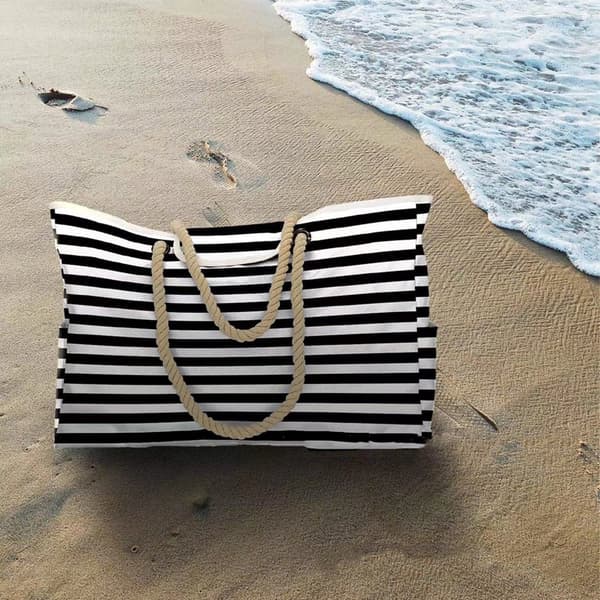 Water-resistant beach bag with large capacity - black and white stripes 55*38*15cm - with two side pockets - beach bag
