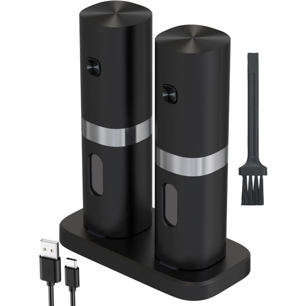 IC Elektriska salt- och pepparkvarnssatser, laddningsbar pepparkvarn med laddningsbas, liten borste, LED-ljus, justerbar grovhet (svart-laddningsbar)