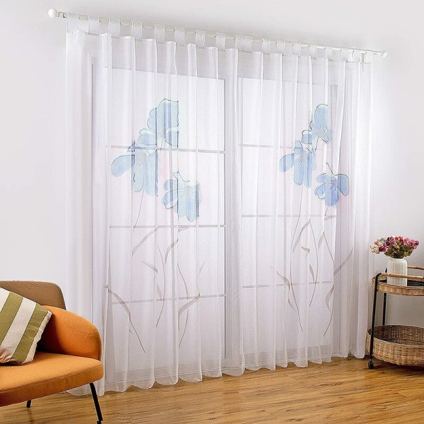 IC 2-pak blomstrede brodererede gennemsigtige Sheer gardiner til soveværelse, køkken, stue, 150cm×175cm, blå