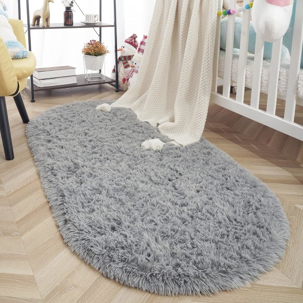 IC Ovala fluffiga mattor, moderni plysch matta för barnsovrum Extra bekväm söt-grå
