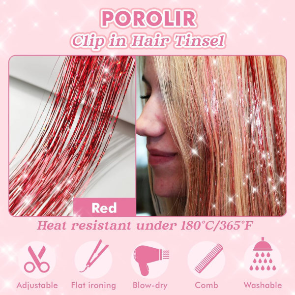 IC Clip-in Hårglitterset, 6-pack Glitter Fairy Tinsel Hårtillägg 20 tum glänsande hårglitter Värmebeständigt (röd)