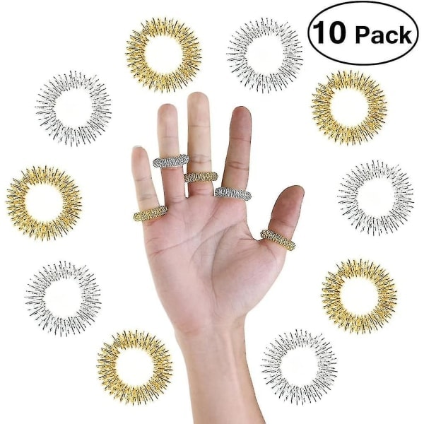 Massageringe, 10 stk. akupressurringe kinesisk medicin Fingermassageringe (5 sølv + 5 guld) høj kvalitet