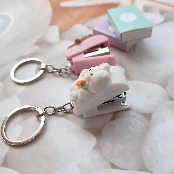 Portable Mini Stapler with Keychain, Rabbit Stapler Set with Cute Bear Case Keychain