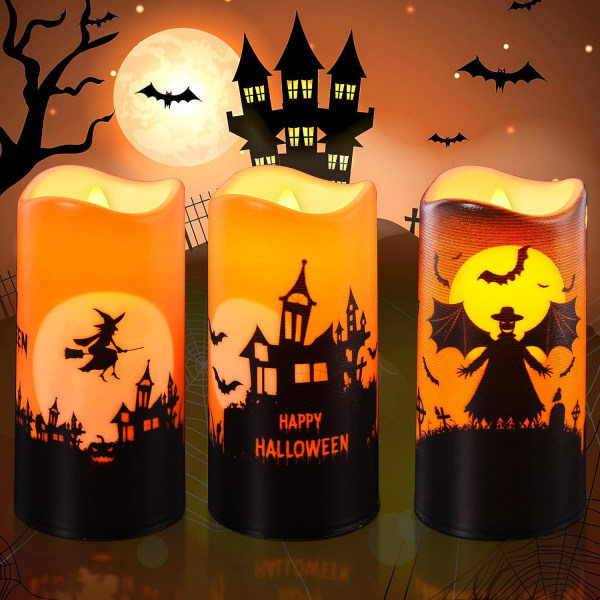 IC-set med 3 Halloween-batteridrivna slottsljus, LED Halloween-flimmerljus med 6H-timer, Halloween-bordsdekoration för hemmafester