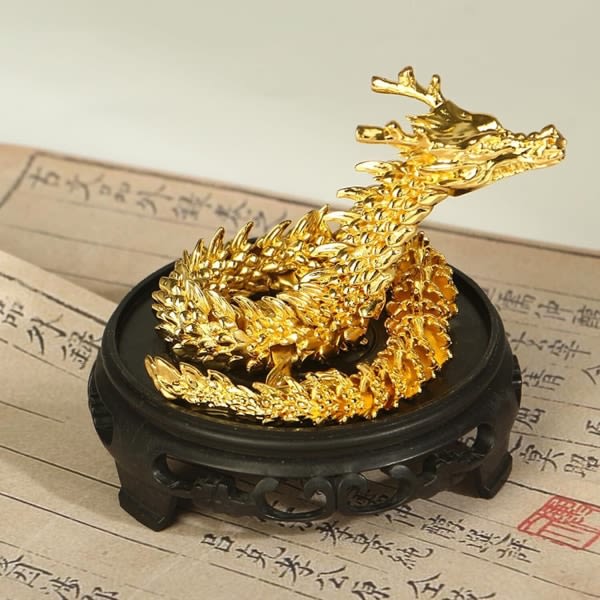 Guld Feng Shui Lohikäärme Statue Skulpturit Liikkuvat Liitokset Lohikäärmevuosi Special Edition Pronssi 40cm