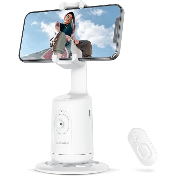 IC Auto Ansiktsföljande Stativ med Fjärrkontroll, 360° Rotation Auto Spårning Telefonhållare, Ingen App, Smart Telefon Selfie Sticks Stativ (Vit)