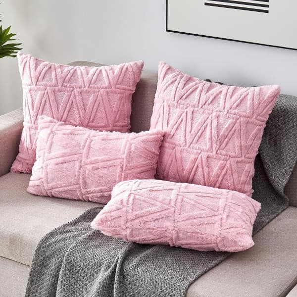 IC Boho pudebetræk 18x18 sæt af 4 til sofa, blødt, kort uld dekorative pudebetræk til stueindretning, rosa
