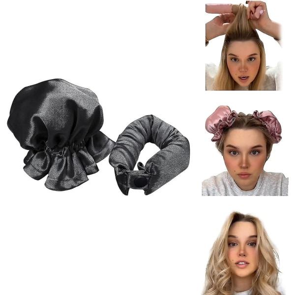 Satin värmefri hårcurler 2 set, Hårrullar för värmefria lockar med hårklämmor, Mjuk curlingstav pannband för långt hår, Curling set för sömn Svart