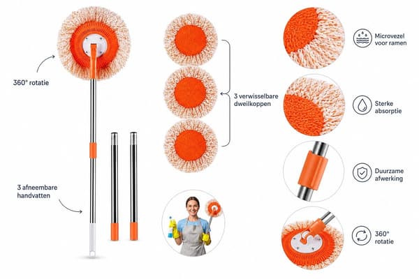 Mikrofibermoppsett med 360° roterende hode, justerbart håndtak, 3 gjenbrukbare puter for gulv og vinduer, 190 cm, oransje