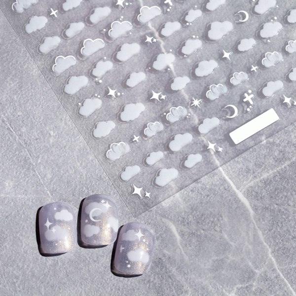 Nagelhimmel Nail Art Dekaler 3D Vit Måne Stjärnmolnmönster Nageltips Semitransparent Design Mode Charm DIY Tånaglar Nageltatueringar 3 ark