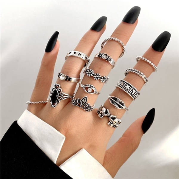 14 st/set Silverfärgade Vintage Fingerringar Dam Knut Cirklar