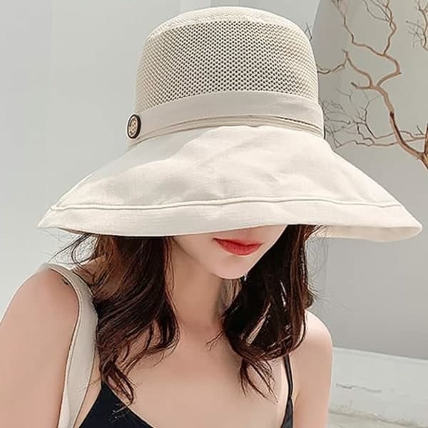 IC Dam Mesh Solhat Sommer Strand UV-beskyttelse UPF Pakbar Bred Rand Hakesnor