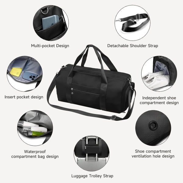 IC Gym Bag for Kvinner og Menn, Liten Sport Bag med Våtpose og Skopose, Reiseveske, Weekender