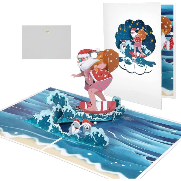 IC 3D Pop Up Card Julkort, smukt jultomte gratulationskort med kuvert (surf) farve 2