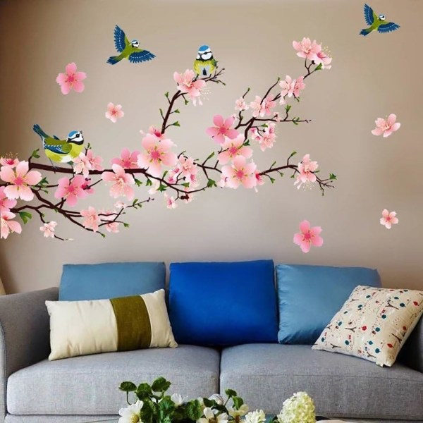 Väggdekal (250x150 cm) Självhäftande Ros Körsbärsblomma Kvistväxt för Vardagsrummet