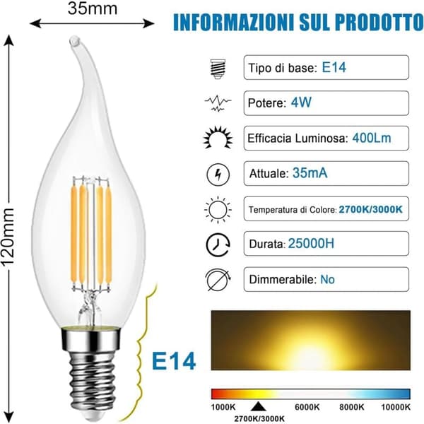 10-pack E14 LED-filamentljuslampor 4W 470LM Ej dimbara 360° spridningsvinkel för hemkrona Kallvit 6000K