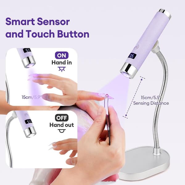 Trådløs UV LED neglelampe med fleksibel svanehals, autosensor og LCD-display, 30s/60s timer mini gel-neglehærdningslys, genopladelig, lilla