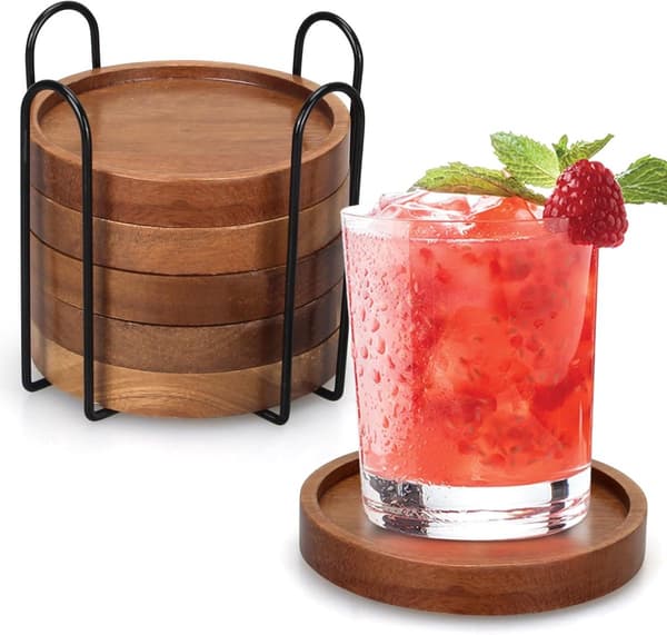 Sett med 6 treunderstell med holder, akasietre, hevet kant, for drinker, glass og kopper, hjemmebar, 10,6 cm