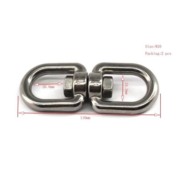 IC 304 rustfrit stål dobbelt-endede M10 drejelige shackle øje krog 8-formet ringforbindelse Perfekt til at hænge & rotere Pakke med 2 stk