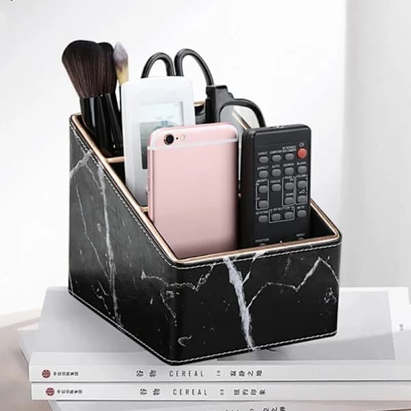 Multifunctional Marble Leather Desktop Storage, Pen Holder, Mobile Phone Holder, Remote Control Storage, Office, White