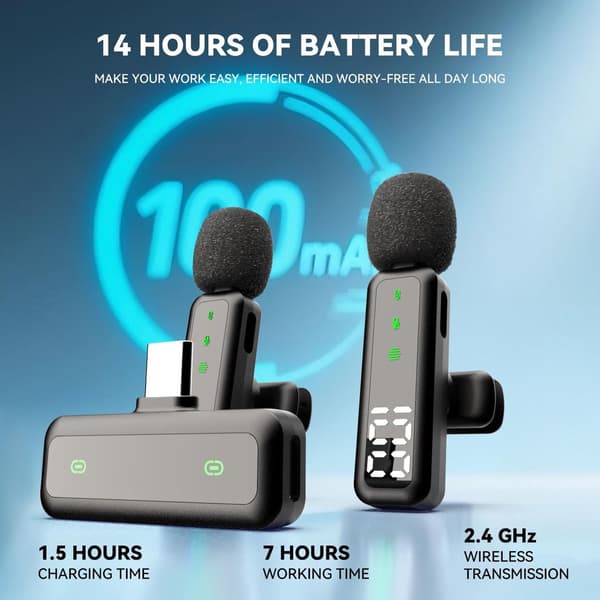 Trådløs Lavalier Mikrofon 2-pak, USB-C, Støjreduktion, Batteridisplay Til Video, Podcasts Og Livestream Brug, Sort