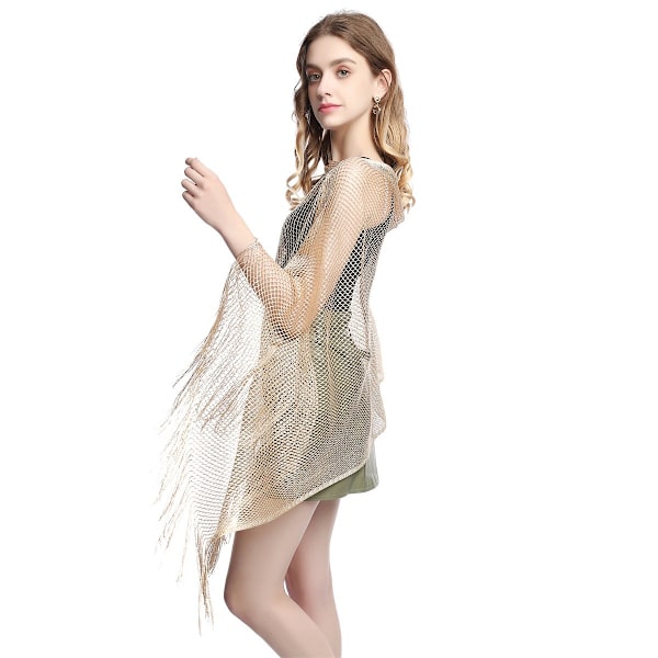 Dame sommerponcho med solbeskyttelse og pomponer, lys guld glitrende