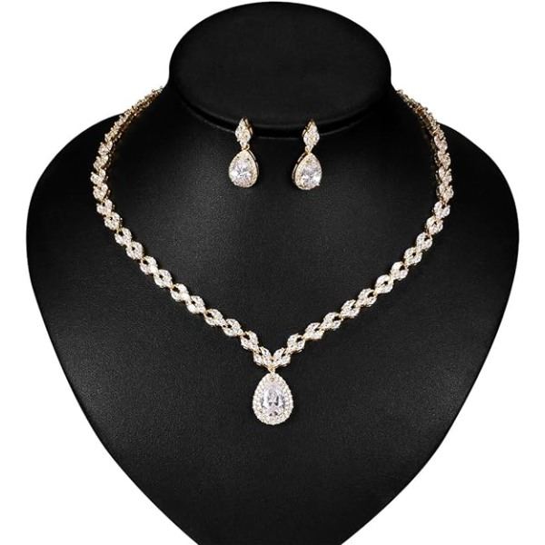 IC Vitguld/guldbelagt Cubic Zirconia CZ Marquise Tåreformede Bryllups Tennis Halskæde og Drop Øreringe Sæt til Bruden