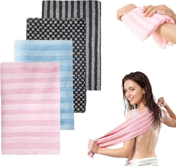 Eksfolierende kropsskrubbehåndklæde, dobbeltsidet polyesterrygskrubber, unisex bruser 4-pak, 100 x 25 cm, sort, pink og blå