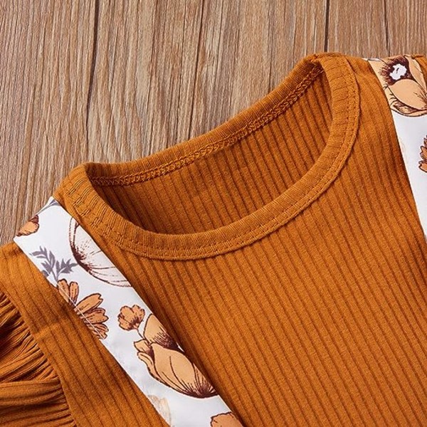 IC Baby flickor sommarkläder sæt volanger ärm top T-shirt blommig suspendel shorts Pannband (brun, 90 cm)