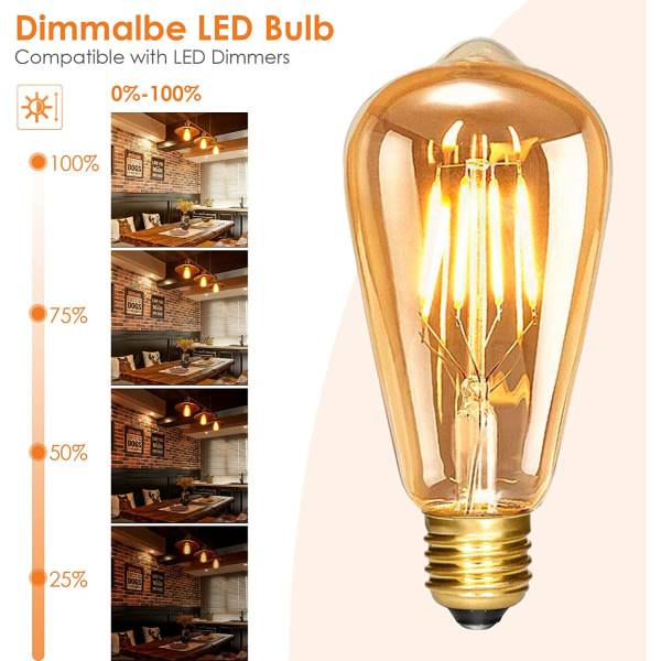 IC Vintage Edison Glödlampor E27, ST64 6W 3st Retro Glödlampa