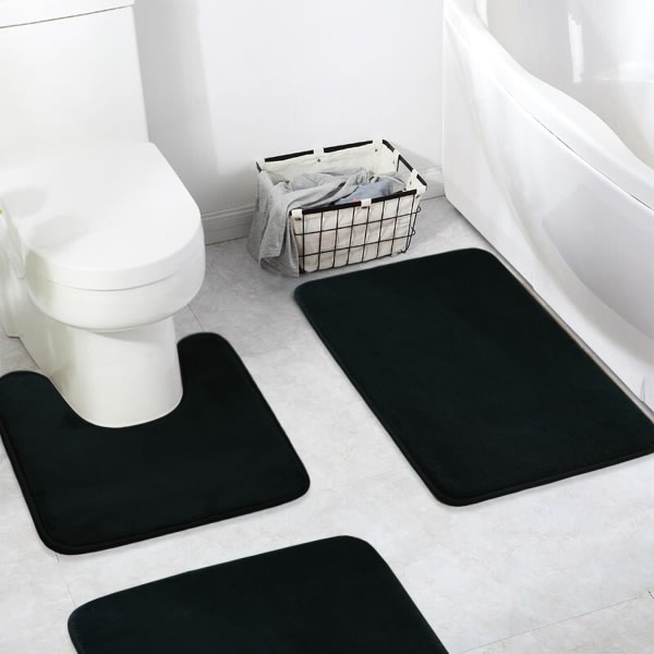IC Memory Foam Bademåtte 3-delt sæt, superabsorberende, stærk PVC anti-slip bagside, badeværelsesmåtte, plys blød, tyk, maskinvaskbar, sort