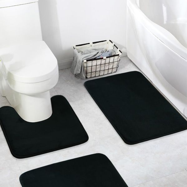 IC Minnesskum Badmatta 3-delars Set, Superabsorberande, Stark PVC Halkskyddande Bak, Badrumsmatta, Plysch Fluffig, Tjock, Maskintvättbar, Svart