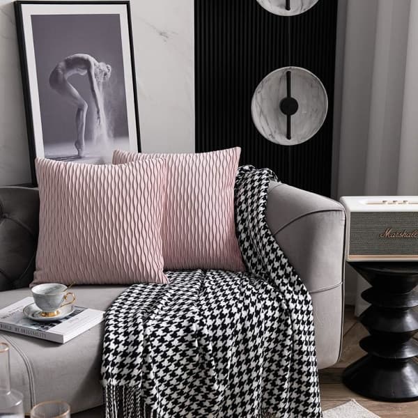 IC 18x18 rosa kuddfodral: 2-pack original randig sammet fyrkantiga dekorativa kuddfodral för bondgårdssoffa