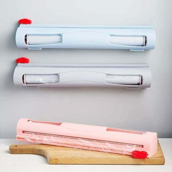 Plastfilmdispenser, gjenbrukbar matfoliedispenser, påfyllbar matfoliedispenser, grå