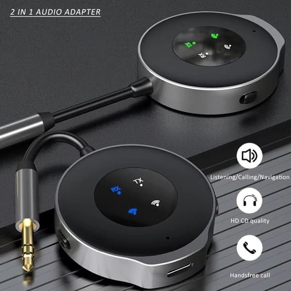 Bluetooth FM-lähetin autoon, 2-in-1 langaton audiovastaanotinsovitin, CVC-kohinanvaimennus, 3,5 mm Aux handsfree-puheluille