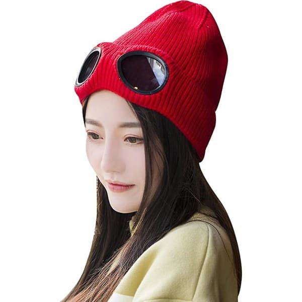 Unisex Goggle Strikket Lue Vindtett Varm Vinter Skull Cap Vinrød