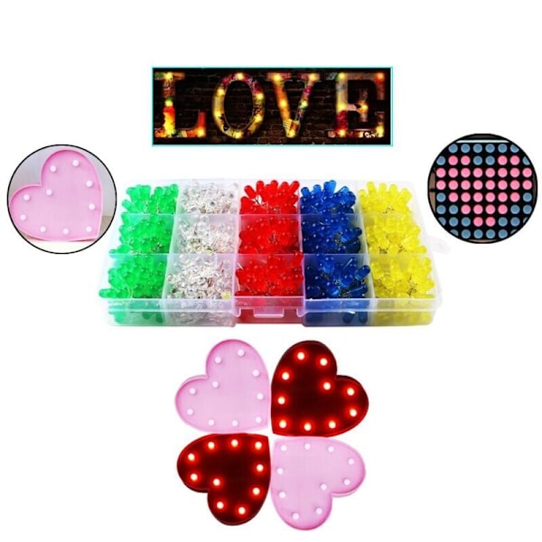 500 stk x 5mm LED Diffus 2-pinners Rund Farge Hvit/Rød/Gul/Grønn/Blå Kit Boks (5 Farger x 100 stk)..DEBUNS