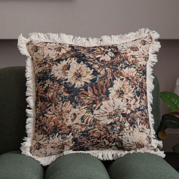 IC Vintage kukka jacquard-kuvioinen koristeellinen päällinen tupsuilla Neliömäinen päällinen Tyynynpäällinen sohvalle makuuhuoneeseen (Kukka C, 18\"x18\")