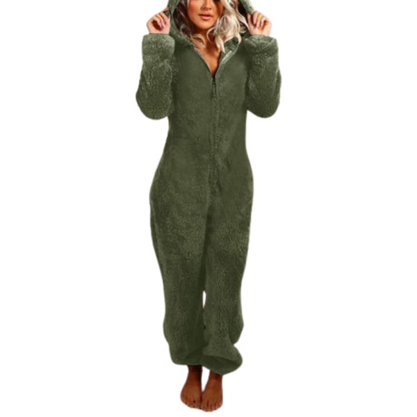 Hutröja med dragkedja för kvinnor Plysch långärmad pyjamas Bodysuits i ett stycke GRÖN XL