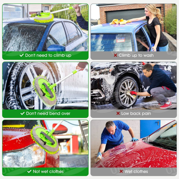 IC 2-i-1 Chenille Mikrofiber Biltvask Moppehode med Langt Aluminiumhåndtak, Justerbar Biltvask Riperfri Rengjøring