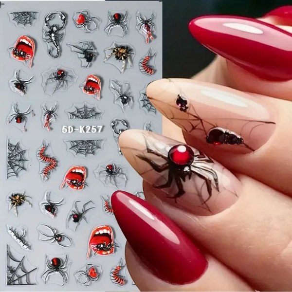 IC Halloween Nageldekaler för Halloween Nageltillbehör 5D Relief Gothic Nail Art Dekal med Onda Ögon Spindel 4 Ark (Skräck)