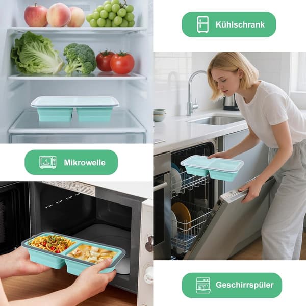 Silikonsoppfrysförpackning med lock, 2 fack, 1000 ml, livsmedelssäker, för måltidsförberedelser, soppor och såser, blå